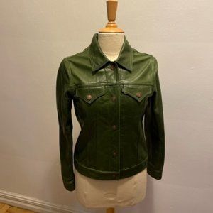 RARE Earl Jeans olive green leather jean style jacket